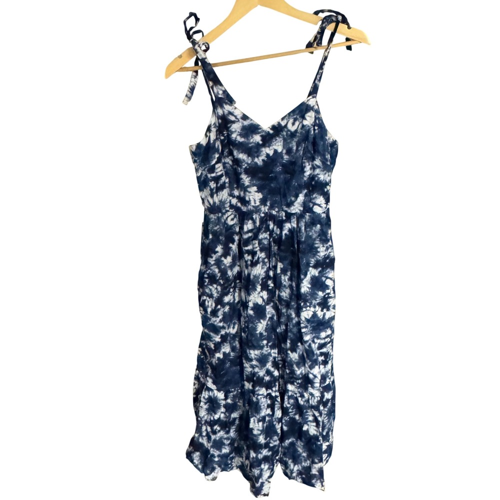 Gap Womens Blue White Tie Dye Tie‎ Shoulder Smocked Tiered Midi Dress Size 4